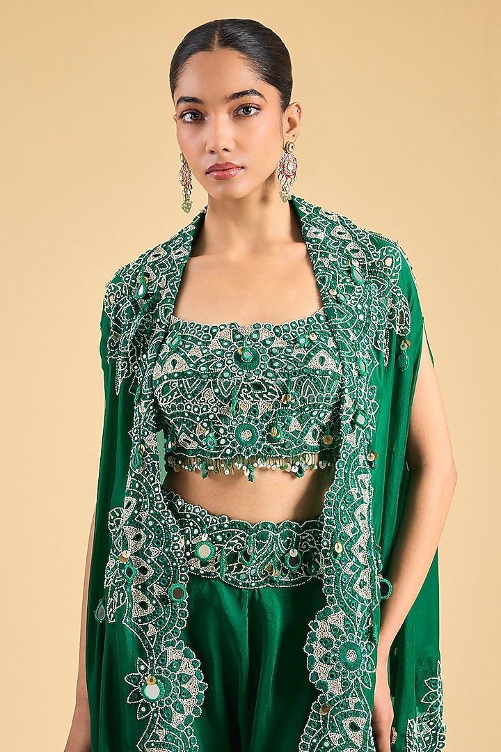 Green Organza Mirror Work Cape Set by Minaxi Dadoo at Pernia's Pop Up Shop