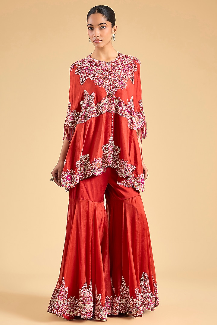 Rust Orange Dupion Silk Mirror Work Cape Set by Minaxi Dadoo at Pernia's Pop Up Shop