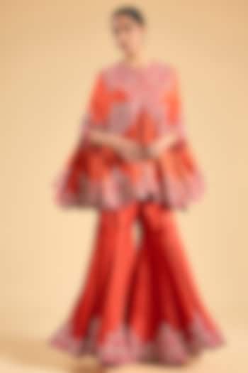 Rust Orange Dupion Silk Mirror Work Cape Set by Minaxi Dadoo at Pernia's Pop Up Shop