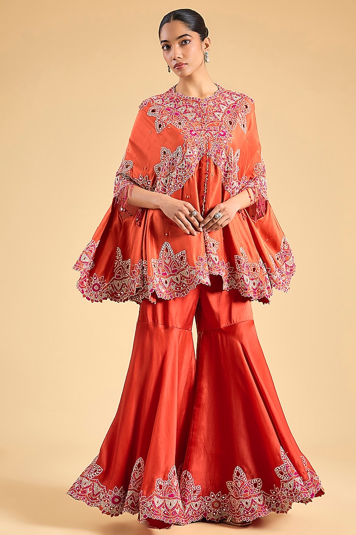 Rust Orange Dupion Silk Mirror Work Cape Set by Minaxi Dadoo at Pernia's Pop Up Shop