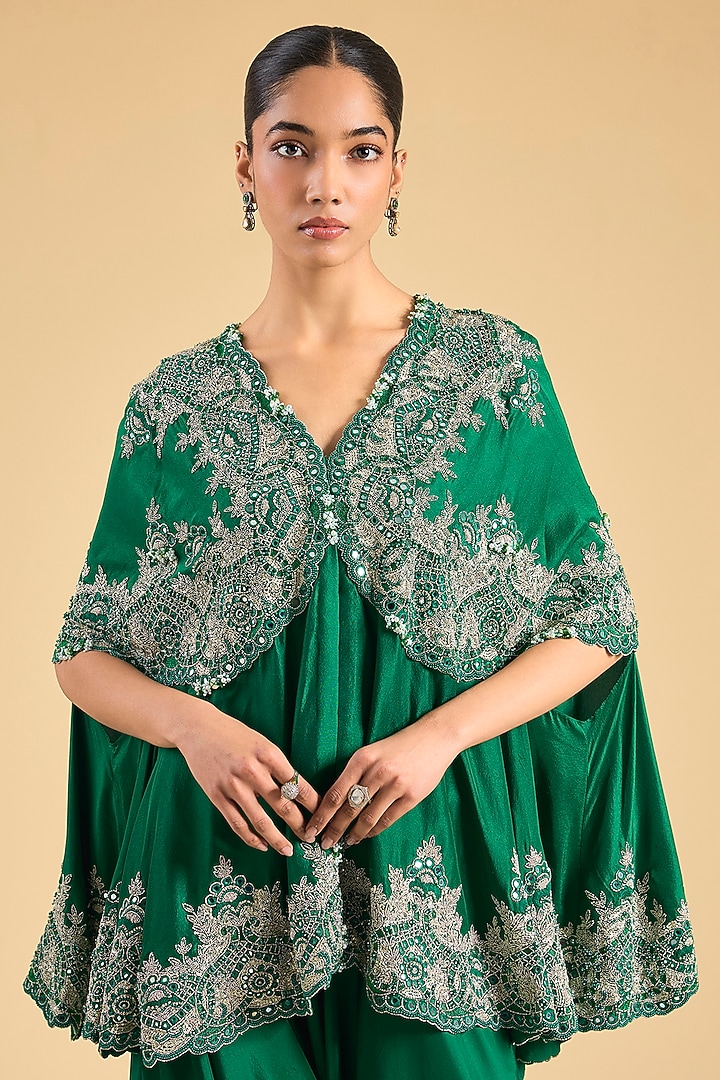 Green Dupion Silk Cape Set by Minaxi Dadoo at Pernia's Pop Up Shop