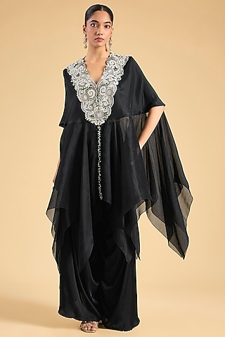 Black Silk & Organza Embroidered Cape Set by Minaxi Dadoo