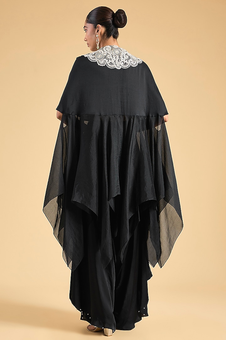 Black Silk & Organza Embroidered Cape Set by Minaxi Dadoo at Pernia's Pop Up Shop