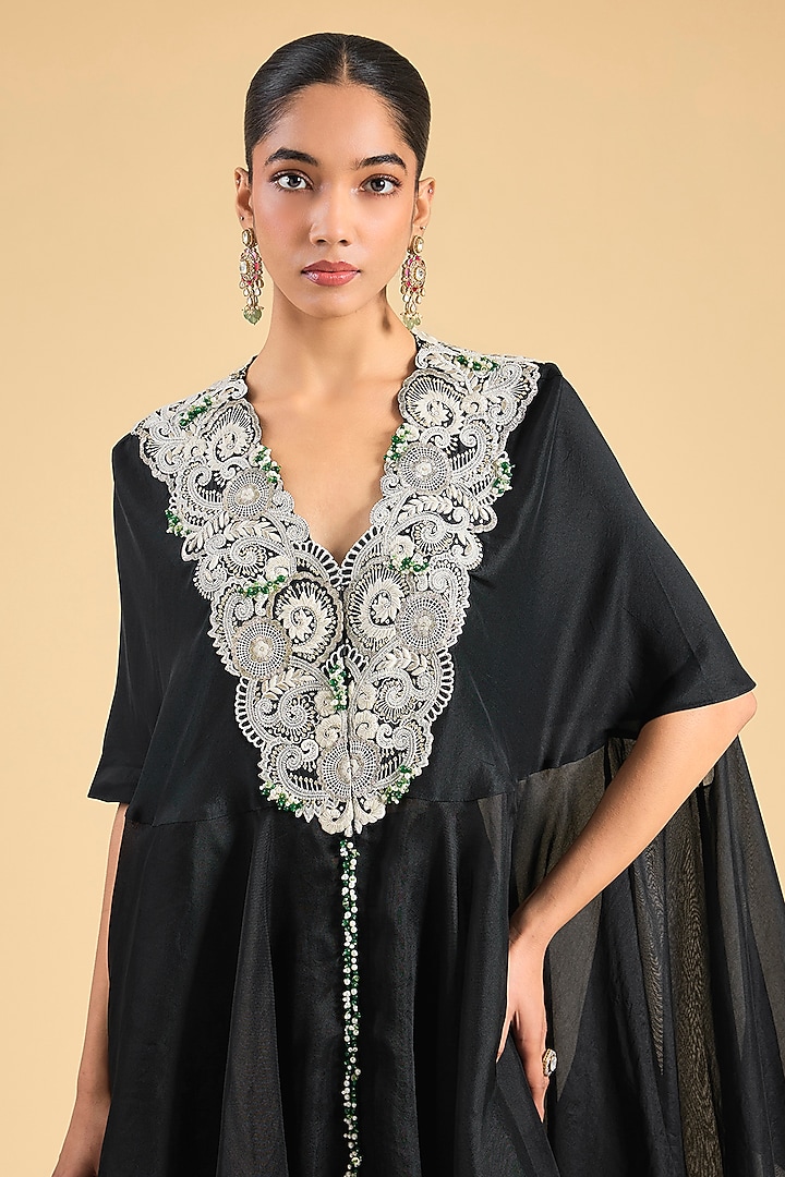 Black Silk & Organza Embroidered Cape Set by Minaxi Dadoo at Pernia's Pop Up Shop