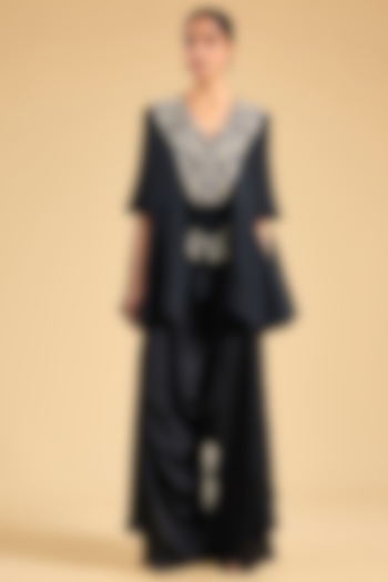 Black Silk & Organza Embroidered Cape Set by Minaxi Dadoo at Pernia's Pop Up Shop