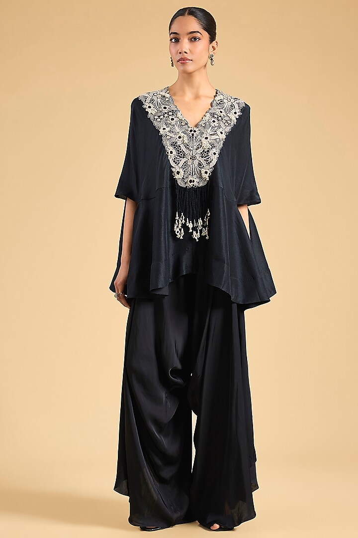 Black Silk & Organza Embroidered Cape Set by Minaxi Dadoo at Pernia's Pop Up Shop