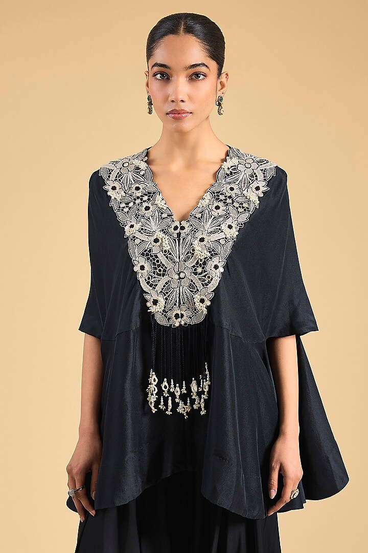 Black Silk & Organza Embroidered Cape Set by Minaxi Dadoo at Pernia's Pop Up Shop