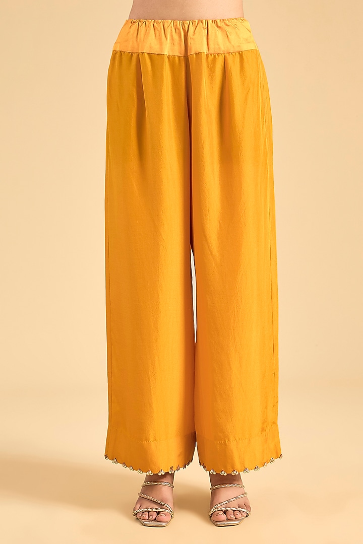 Yellow Dupion Embroidered Long Kurta Set by Minaxi Dadoo at Pernia's Pop Up Shop