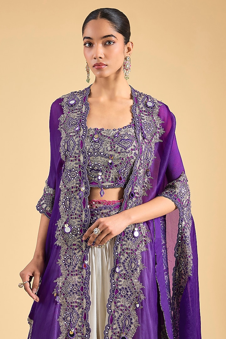 Purple Organza Embroidered Cape Set by Minaxi Dadoo at Pernia's Pop Up Shop