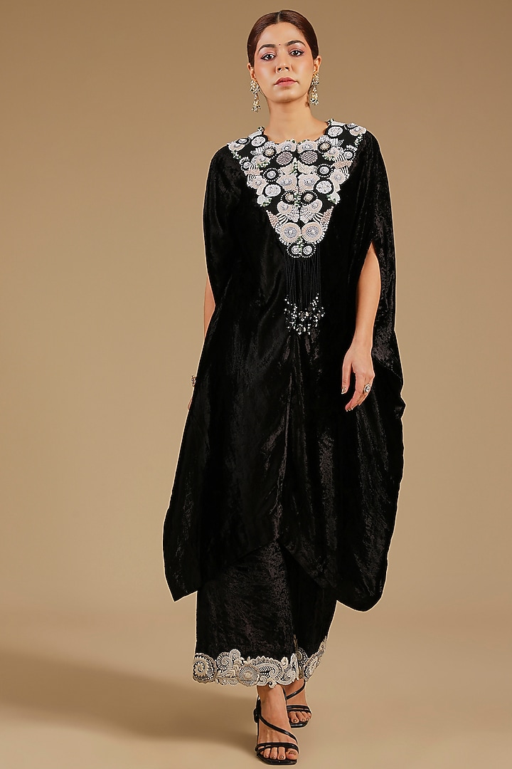 Blue Velvet Embroidered Kaftan Set by Minaxi Dadoo at Pernia's Pop Up Shop