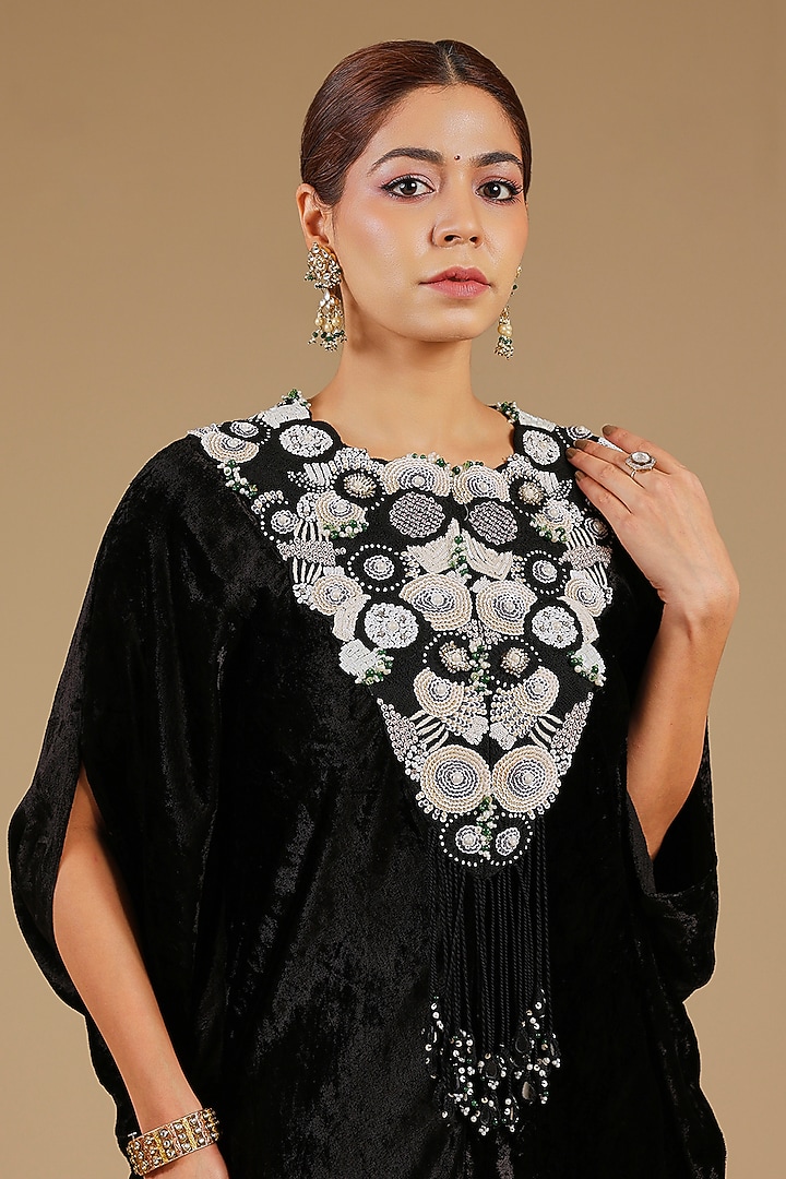 Blue Velvet Embroidered Kaftan Set by Minaxi Dadoo at Pernia's Pop Up Shop