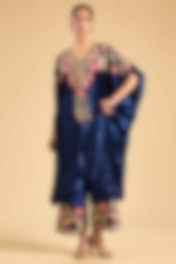 Blue Velvet Thread Work Kaftan Set by Minaxi Dadoo at Pernia's Pop Up Shop