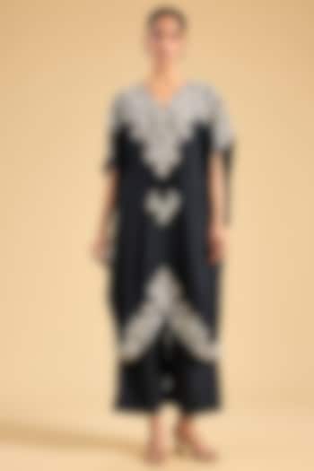 Black Dupion Silk Mirror Work Kaftan Set by Minaxi Dadoo at Pernia's Pop Up Shop