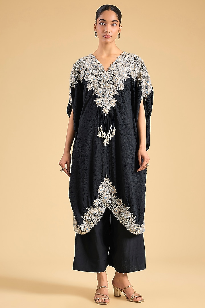 Black Dupion Silk Mirror Work Kaftan Set by Minaxi Dadoo at Pernia's Pop Up Shop