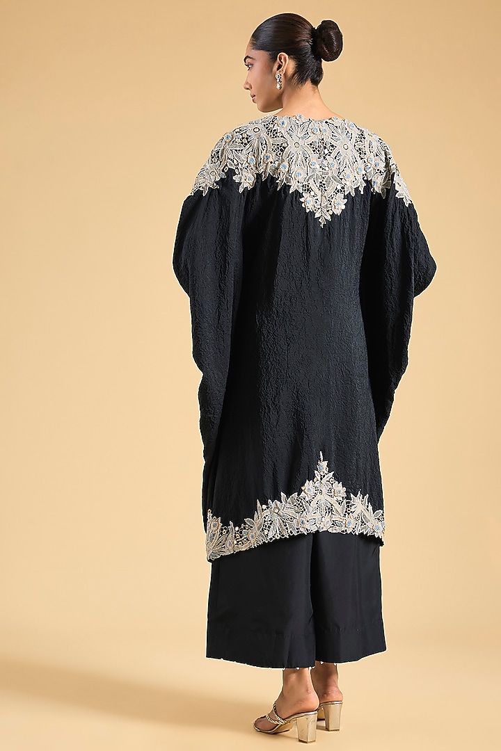 Black Dupion Silk Mirror Work Kaftan Set by Minaxi Dadoo at Pernia's Pop Up Shop