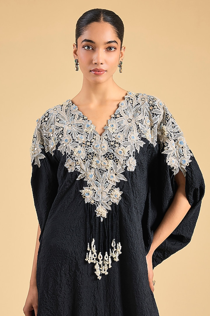 Black Dupion Silk Mirror Work Kaftan Set by Minaxi Dadoo at Pernia's Pop Up Shop