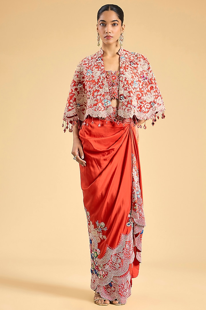 Rust Orange Dupion Lace Embroidered Skirt Set by Minaxi Dadoo at Pernia's Pop Up Shop