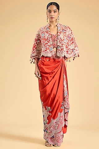 Rust Orange Dupion Lace Embroidered Skirt Set by Minaxi Dadoo