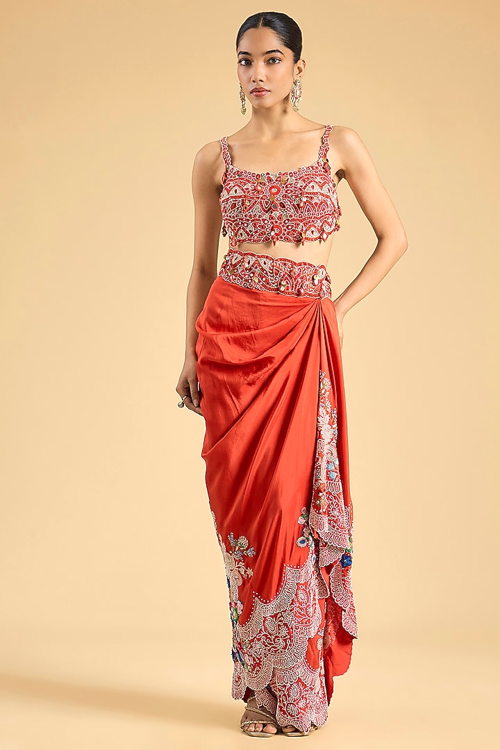 Rust Orange Dupion Lace Embroidered Skirt Set by Minaxi Dadoo at Pernia's Pop Up Shop