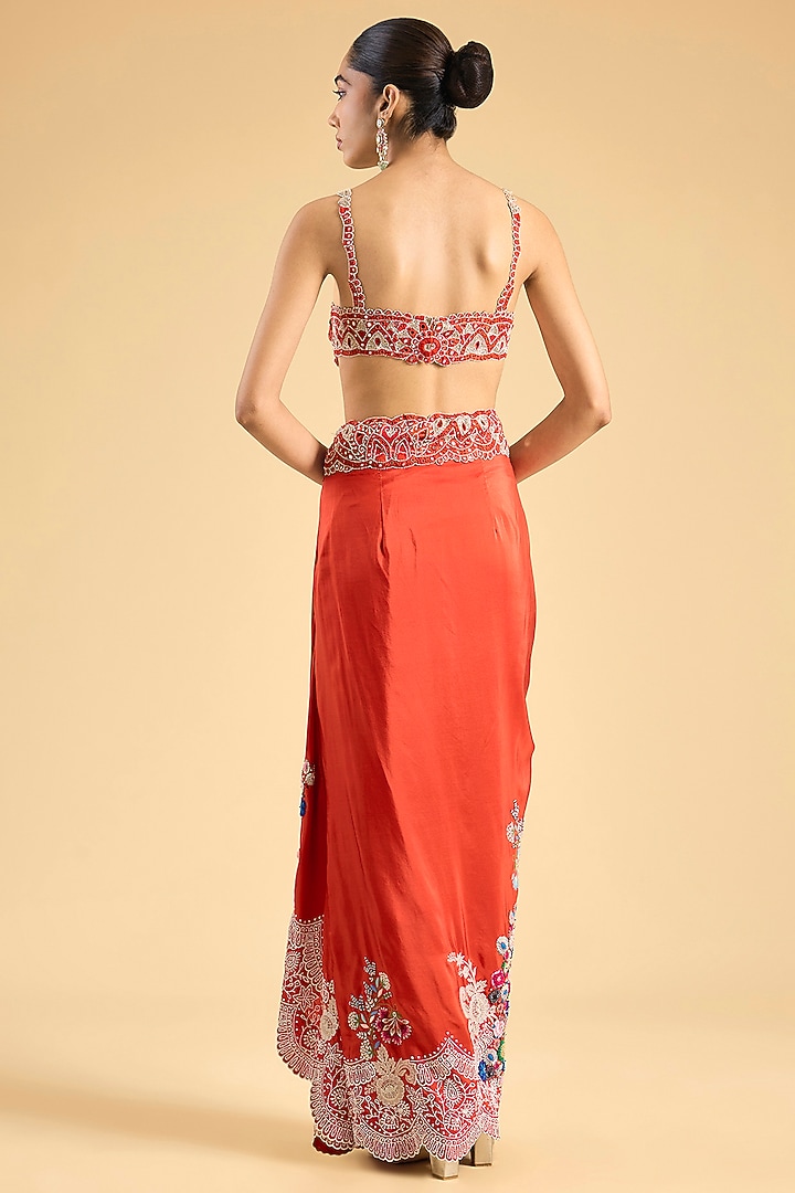 Rust Orange Dupion Lace Embroidered Skirt Set by Minaxi Dadoo at Pernia's Pop Up Shop