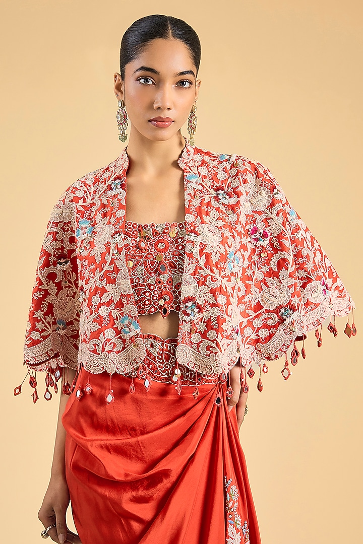 Rust Orange Dupion Lace Embroidered Skirt Set by Minaxi Dadoo at Pernia's Pop Up Shop