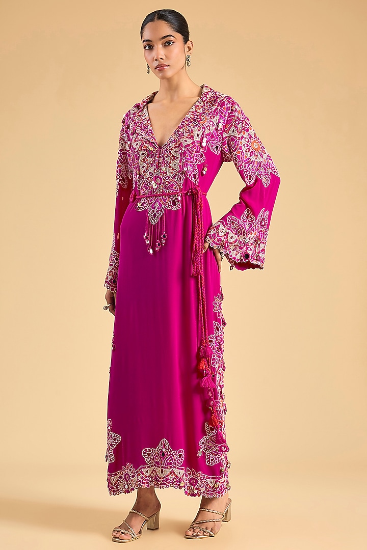 Pink Dupion Silk Mirror Work Party Wear Dress by Minaxi Dadoo at Pernia's Pop Up Shop