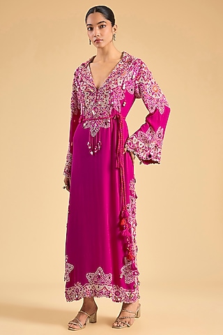 Pink Dupion Silk Mirror Work Dress by Minaxi Dadoo