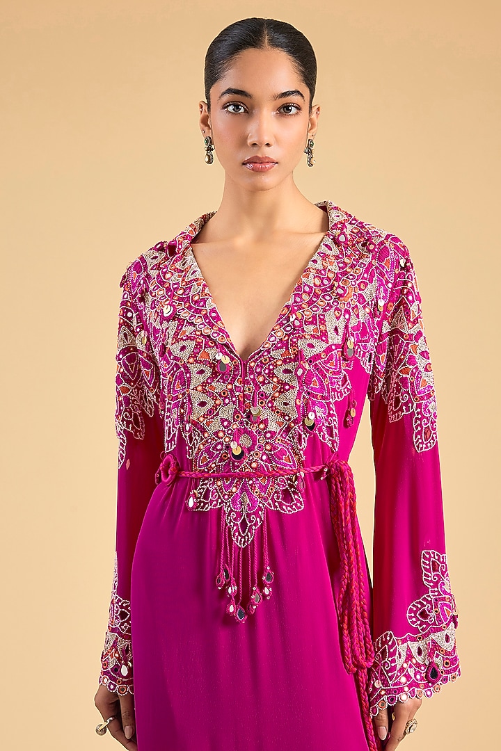 Pink Dupion Silk Mirror Work Party Wear Dress by Minaxi Dadoo at Pernia's Pop Up Shop