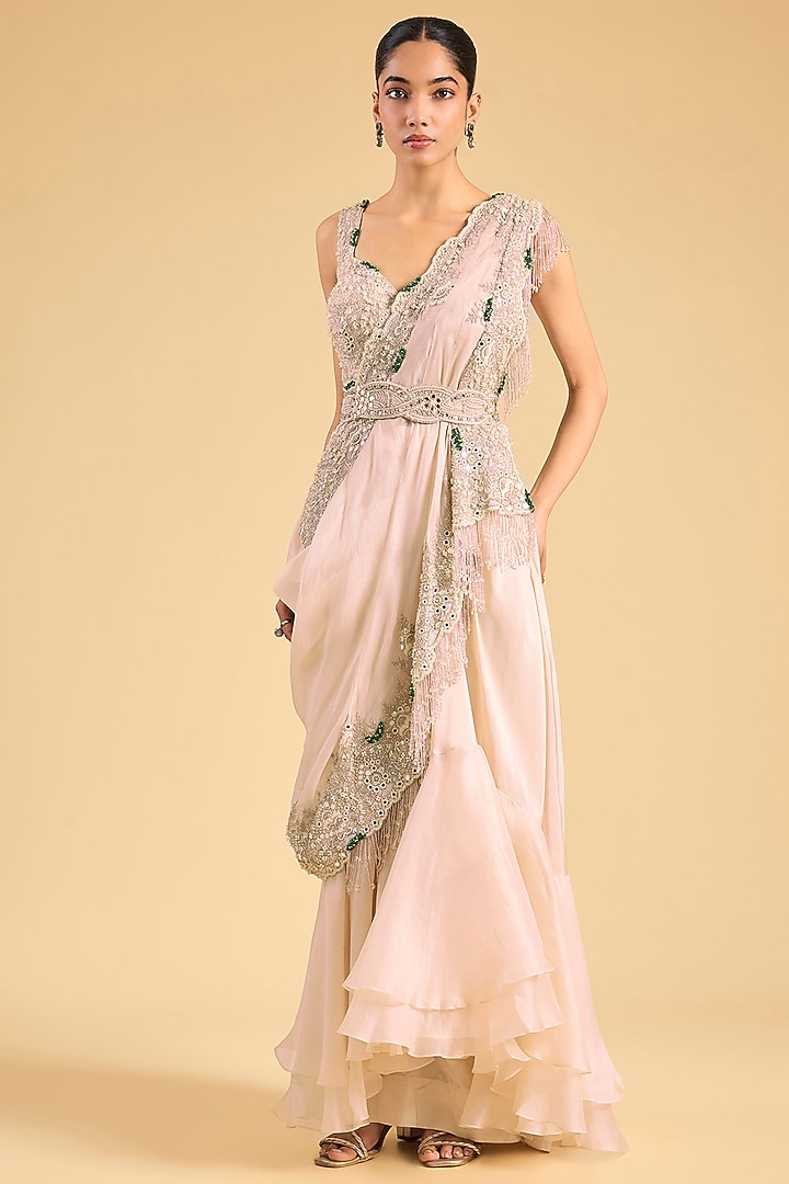 Beige Silk & Organza Embroidered Draped Bridal Saree Set by Minaxi Dadoo at Pernia's Pop Up Shop