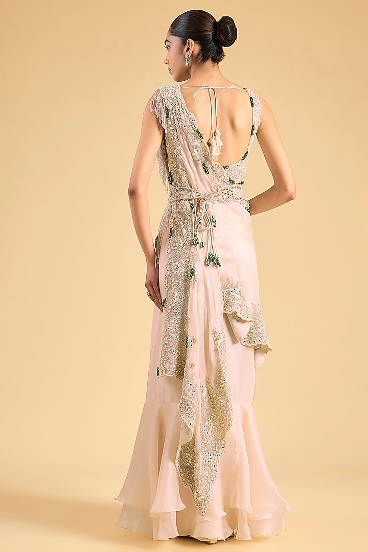 Beige Silk & Organza Embroidered Draped Bridal Saree Set by Minaxi Dadoo at Pernia's Pop Up Shop