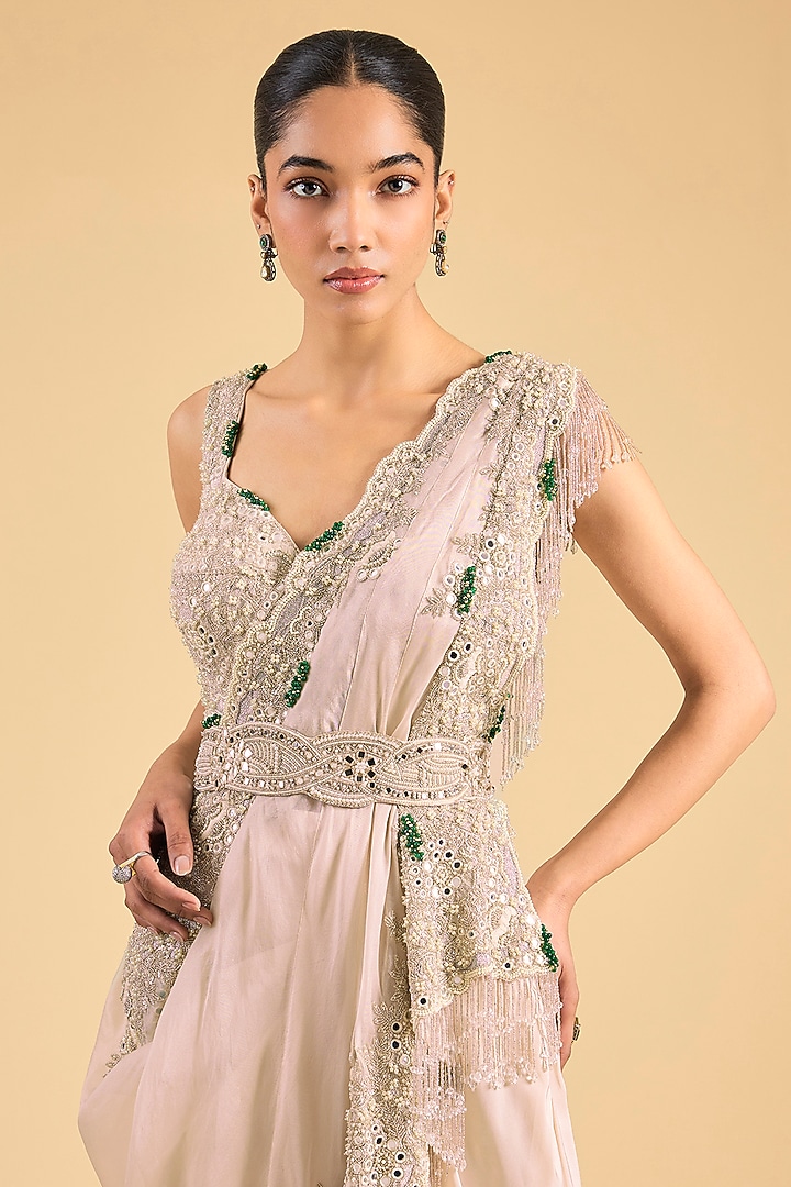 Beige Silk & Organza Embroidered Draped Bridal Saree Set by Minaxi Dadoo at Pernia's Pop Up Shop