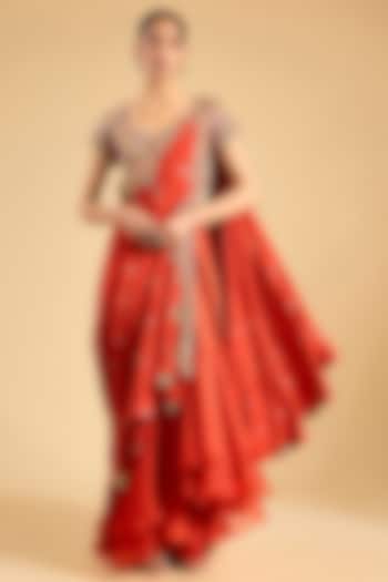 Rust Orange Dupion Silk Draped Bridal Saree Set by Minaxi Dadoo at Pernia's Pop Up Shop