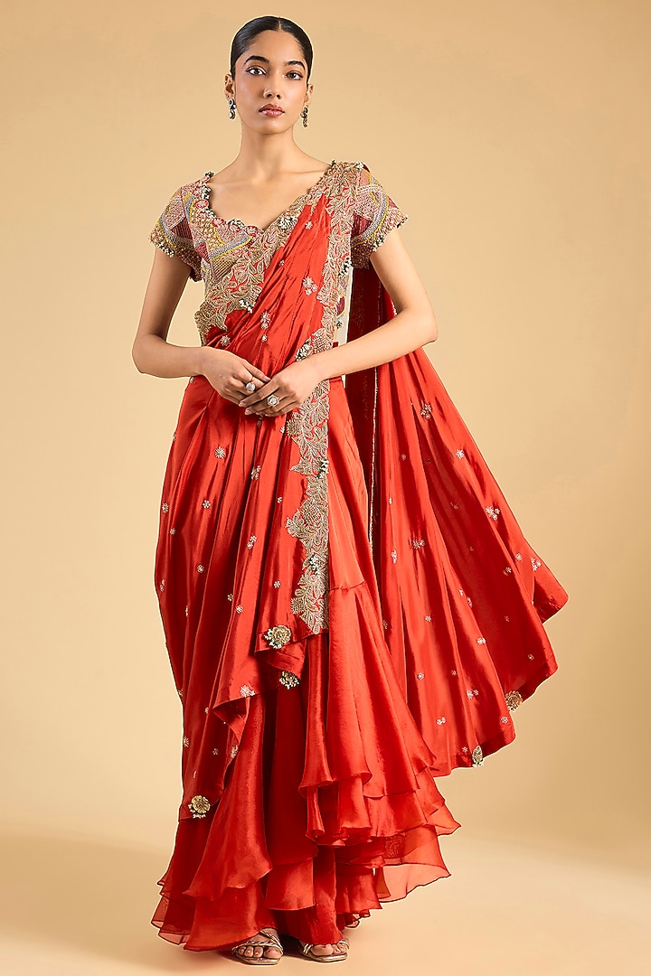 Rust Orange Dupion Silk Draped Bridal Saree Set by Minaxi Dadoo at Pernia's Pop Up Shop
