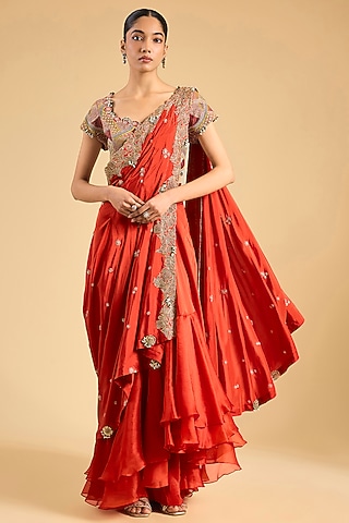 Rust Orange Dupion Silk Draped Saree Set by Minaxi Dadoo