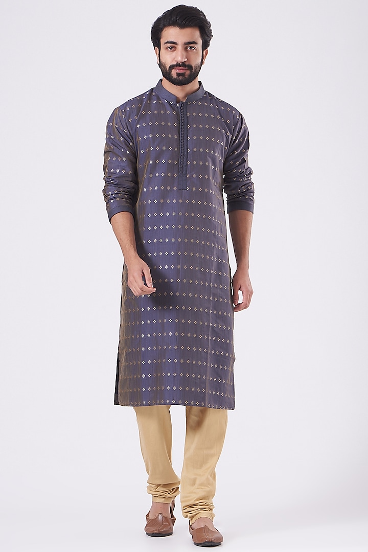 Ink Blue Art Silk Jacquard Kurta Set by Manish Nagdeo Men at Pernia's Pop Up Shop
