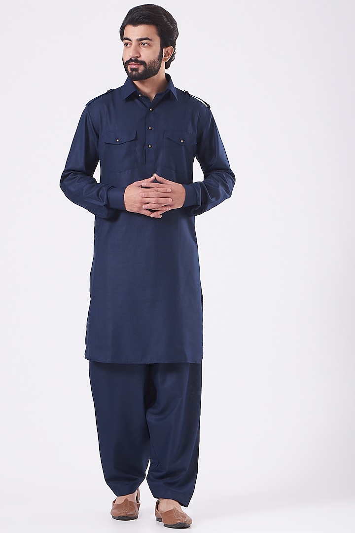 Navy Blue Pathani Kurta Set by Manish Nagdeo Men at Pernia's Pop Up Shop