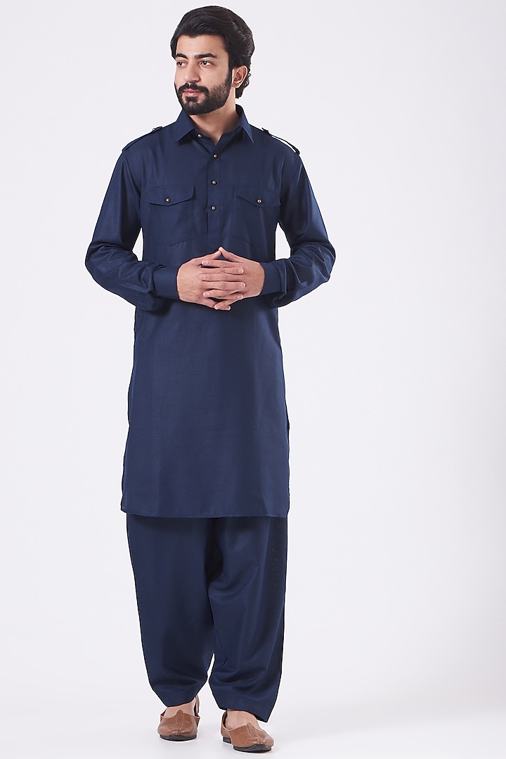 Navy Blue Pathani Kurta Set by Manish Nagdeo