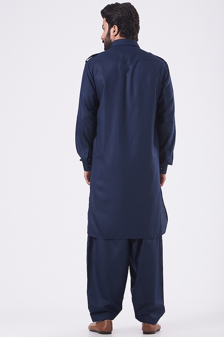 Navy Blue Pathani Kurta Set by Manish Nagdeo Men at Pernia's Pop Up Shop