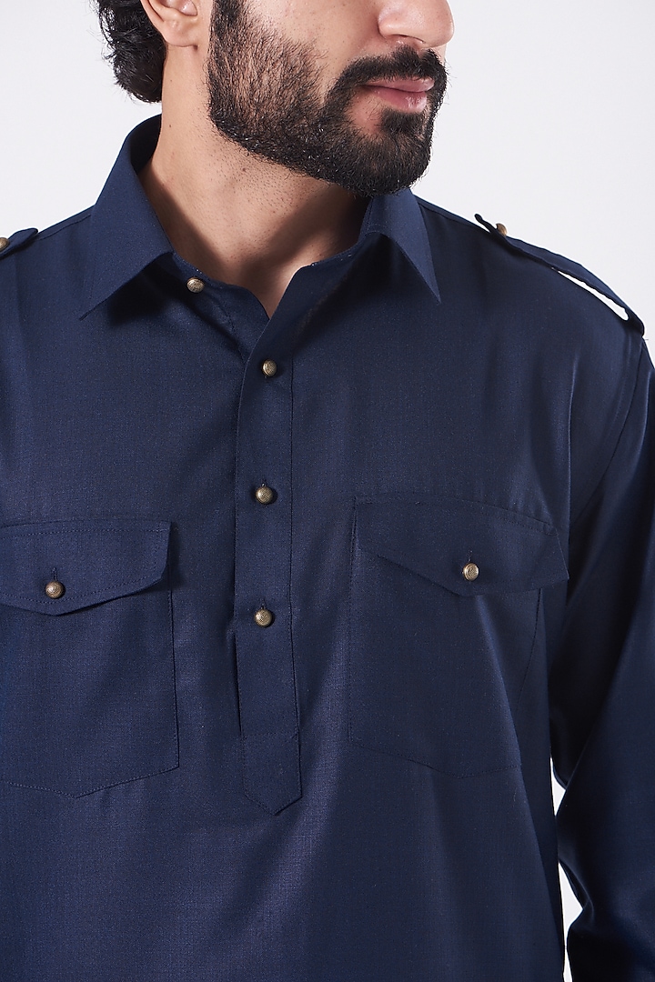 Navy Blue Pathani Kurta Set by Manish Nagdeo Men at Pernia's Pop Up Shop