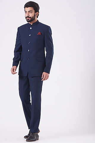 Navy Blue Viscose Blend Bandhgala Jacket Set by Manish Nagdeo Men
