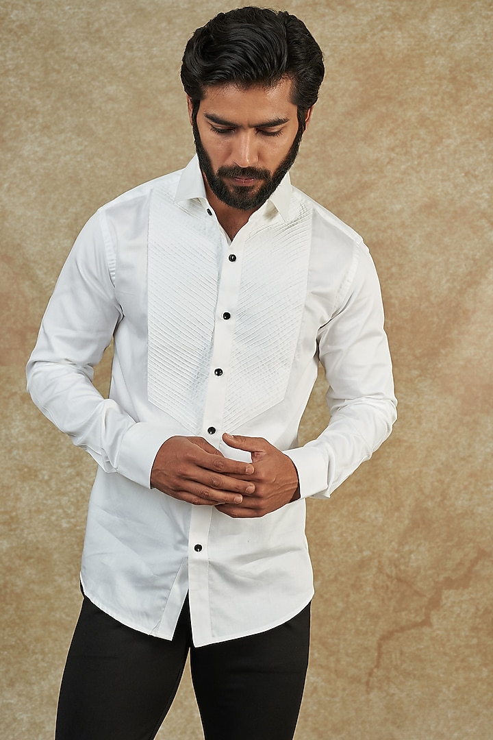 White Cotton Satin Tuxedo Shirt by Manish Nagdeo