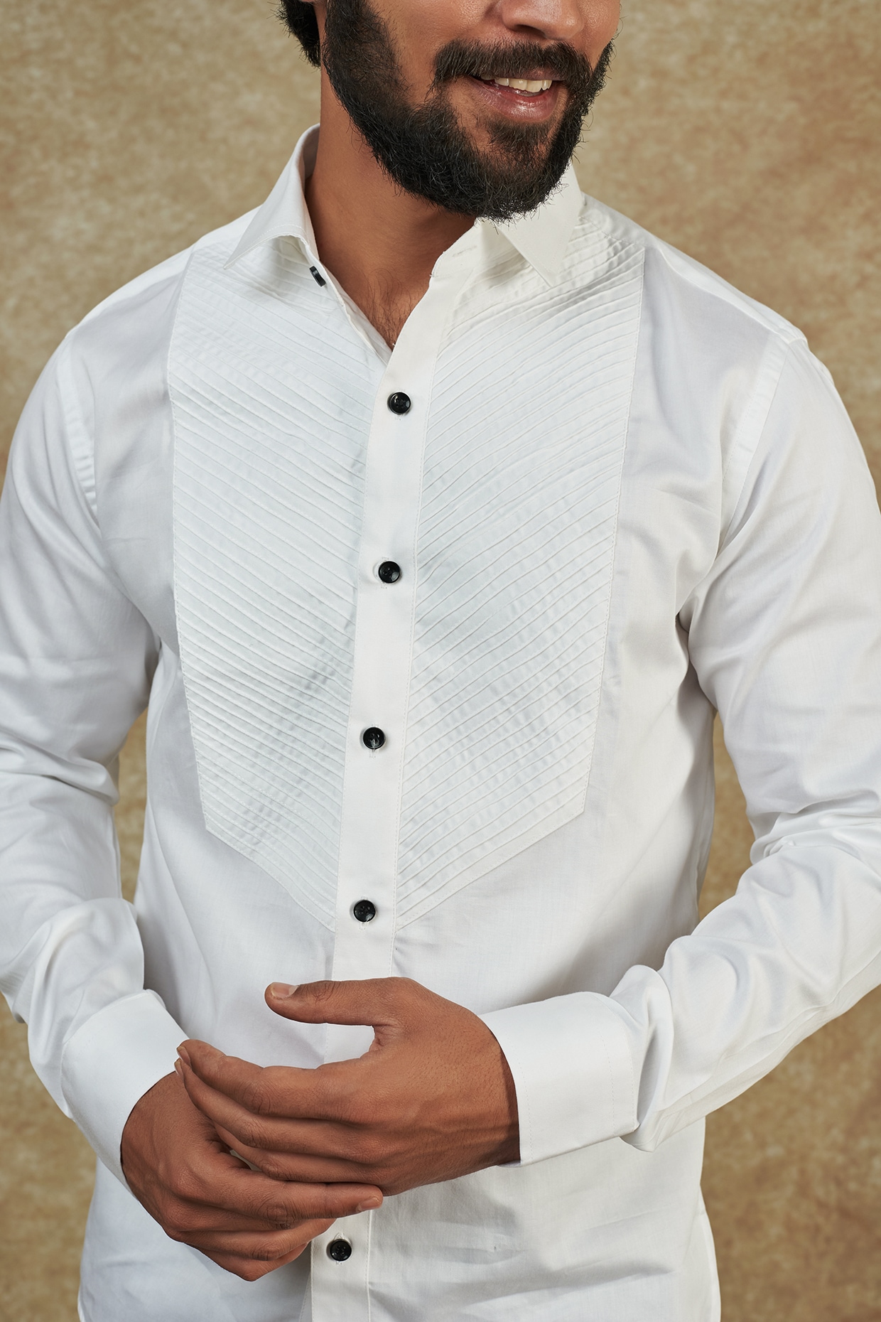 White Cotton Satin Tuxedo Shirt Design by Manish Nagdeo at