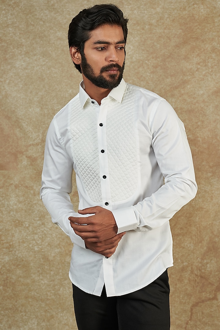 White Cotton Satin Tuxedo Shirt by Manish Nagdeo