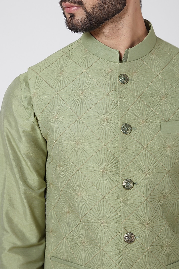 Olive Green Nehru Jacket Set by Manish Nagdeo Men at Pernia's Pop Up Shop