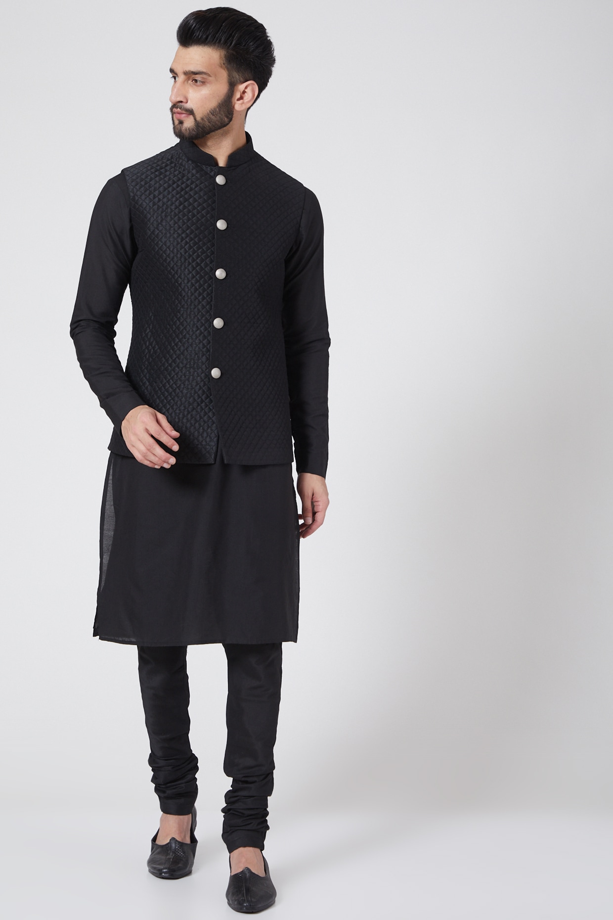 Buy Black Kurta And Front Open Jacket with Thread Work