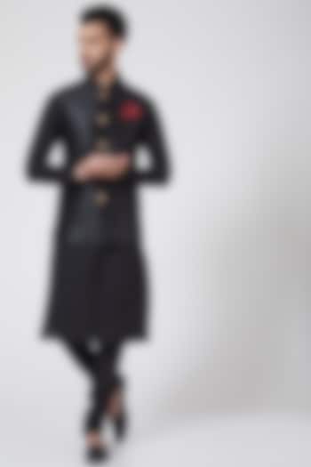 Black Kurta Set With Printed Jacket by Manish Nagdeo