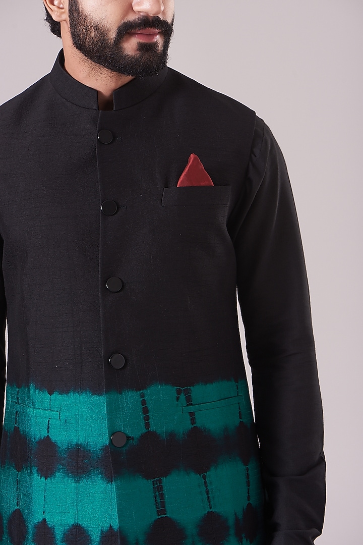 Black Cotton Silk Tie-Dye Printed Nehru Jacket Set by Manish Nagdeo Men at Pernia's Pop Up Shop