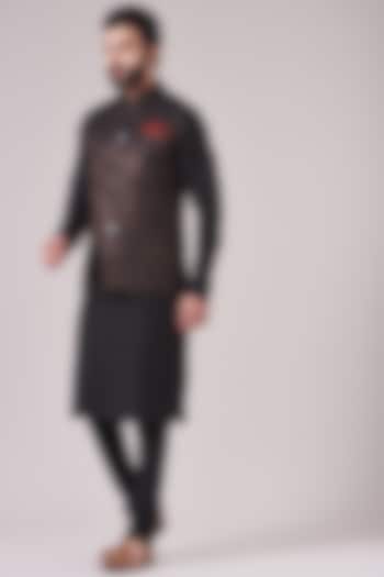 Black Brocade Nehru Jacket With Kurta Set by Manish Nagdeo