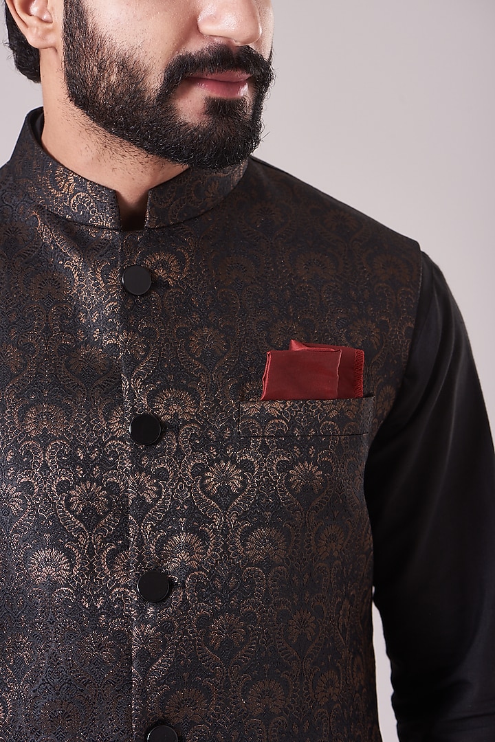 Black Brocade Nehru Jacket Set by Manish Nagdeo Men at Pernia's Pop Up Shop