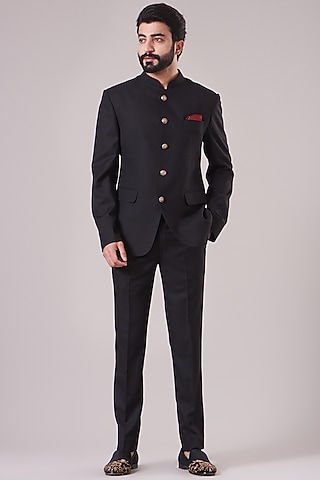 Black Viscose Blend Bandhgala Jacket Set by Manish Nagdeo Men